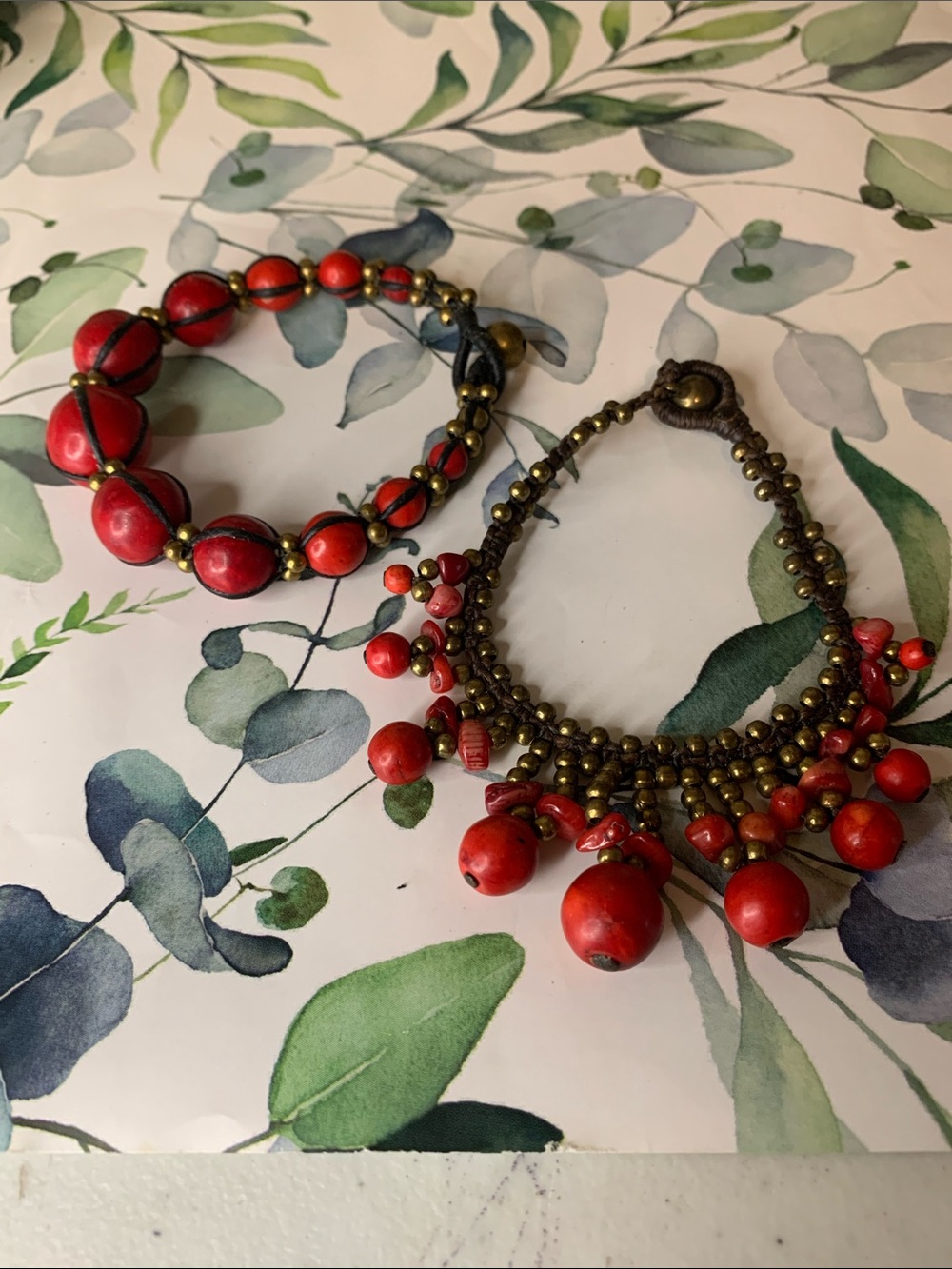 2 -Red Coral Brass Beaded Leather Strap Women's Bracelets - Unbranded